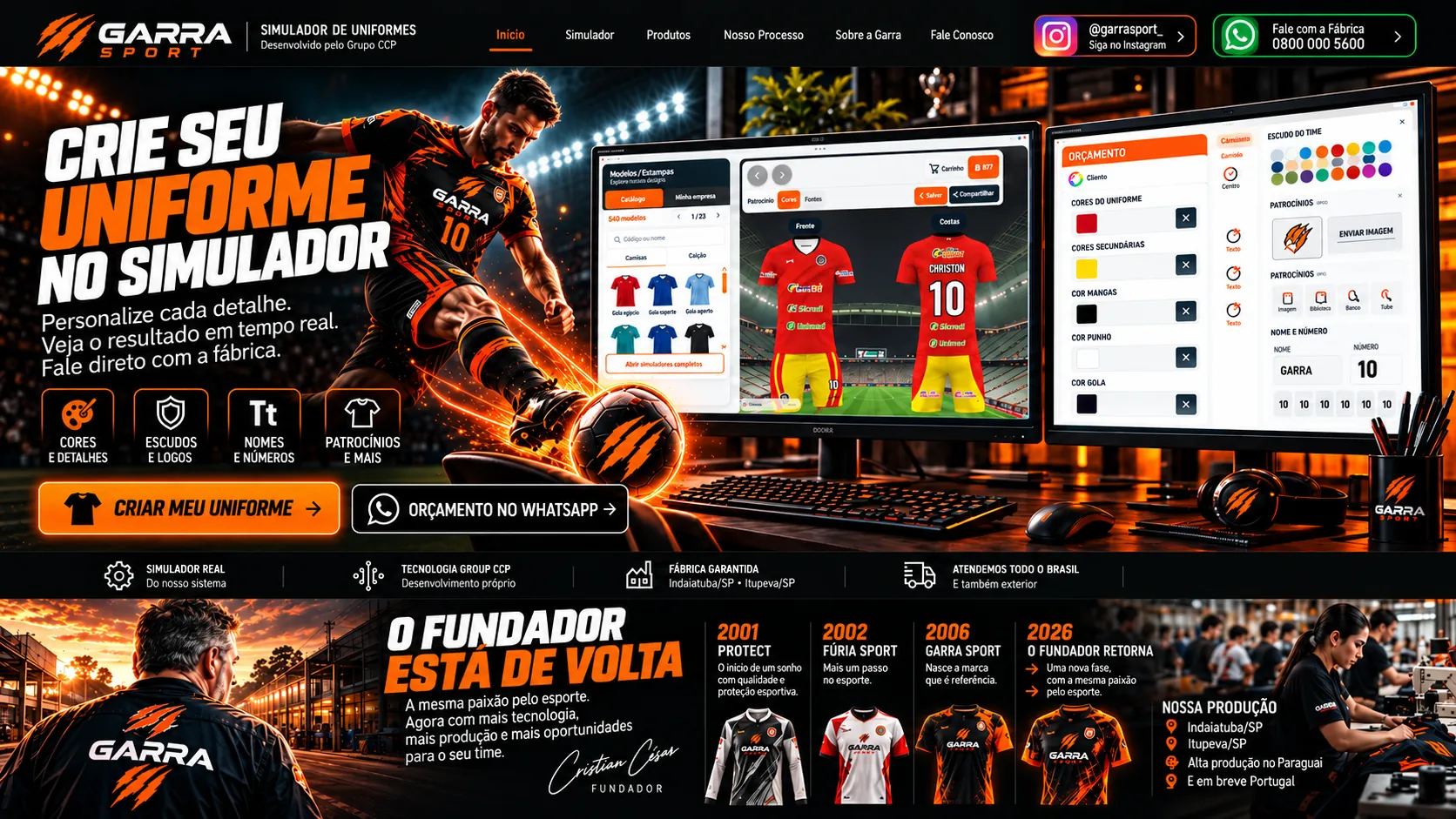 Estação de trabalho Garra Sport com dois monitores e simulador de uniformes